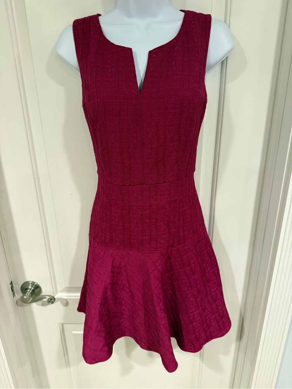 Ann Taylor Sleeveless Textured Fit-and-Flare Dress in Berry